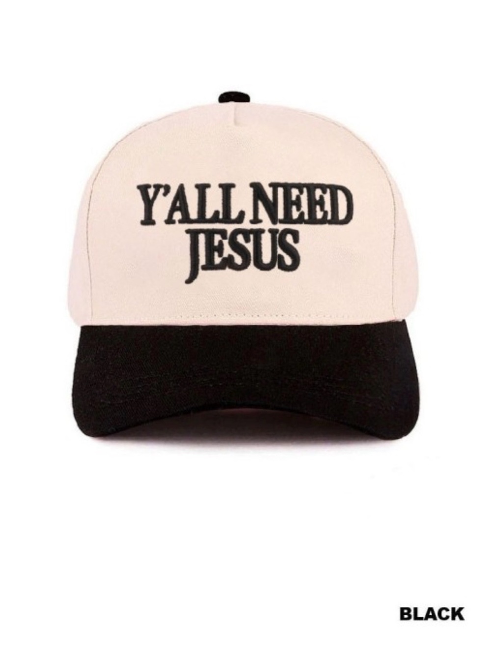 Y'ALL NEED JESUS Two-Tone Baseball Cap - Black & Cream